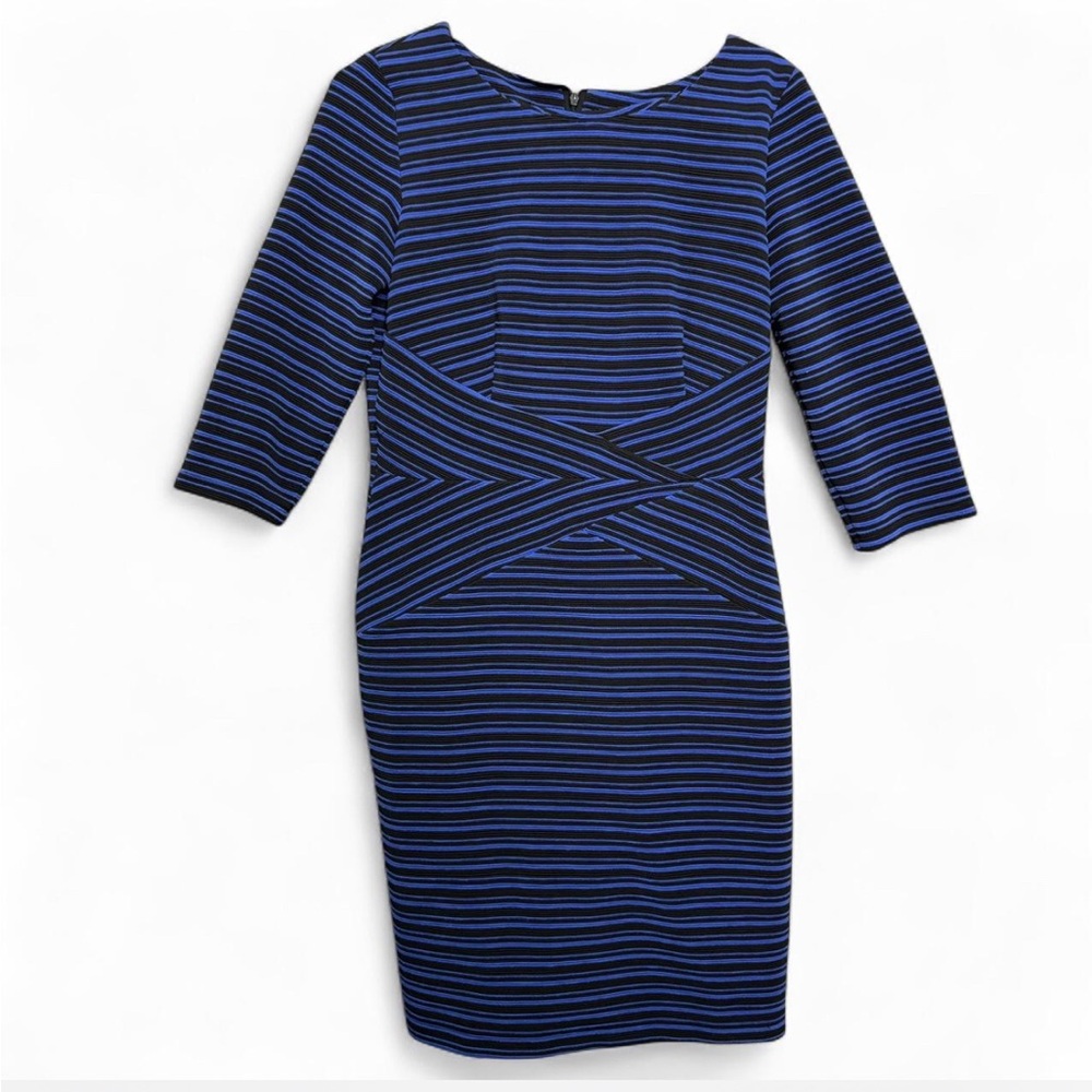 I.N. Studio Navy and Black Striped 3/4th‎ Sleeve Dress Sz 6 Bodycon Cocktail